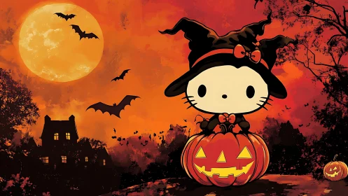 Cartoon cat in witch costume sitting on jack o lantern.