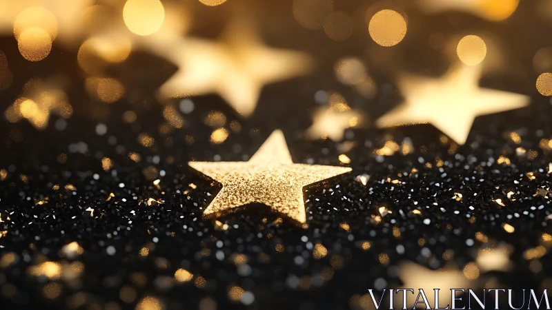 Golden glitter stars on black surface with dreamy bokeh.