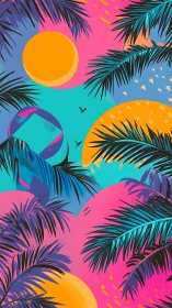 Vibrant tropical palms with bold suns and neon sky.