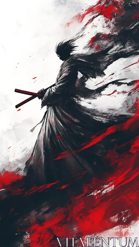 Lone samurai silhouette with twin swords in red storm.