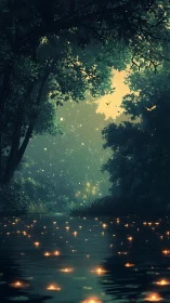 Glowing Lanterns Float Across Enchanted Forest Waters