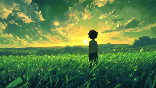 Sun-chasing dreamer stands in wildflower seas at dusk.