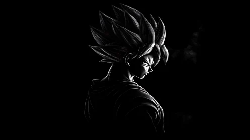 Saiyan warrior silhouette glows in stark monochrome light.