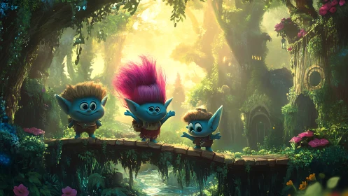 Three blue forest creatures playing on wooden bridge.