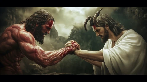 Hyperreal duel of muscular warrior and horned figure in tense arm-wrestle
