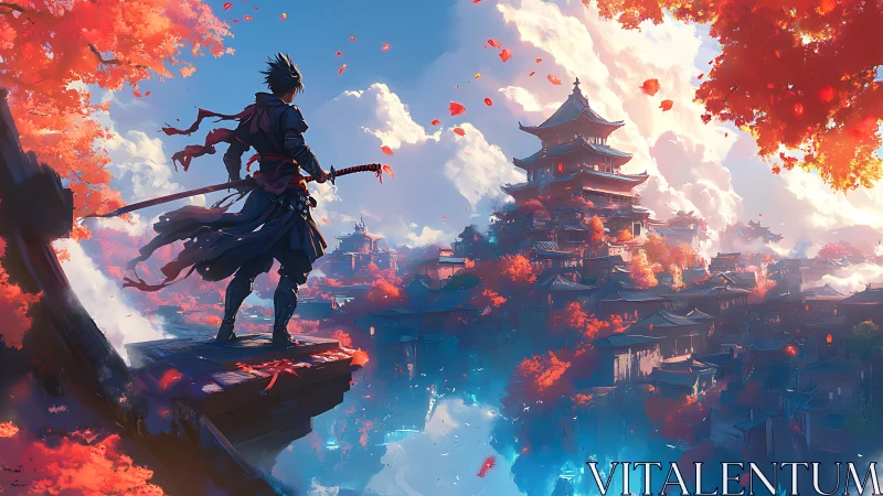 Sword-wind wanderer studies a floating ember-lit citadel