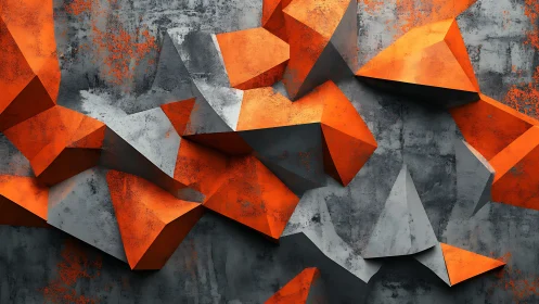 Geometric orange shards on textured gray concrete wall.