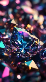 Prismatic gemstone cluster glows in neon dreamlike lightscape