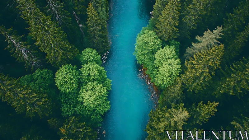 Aerial View of Vibrant Blue River Flowing Through Lush Forest.