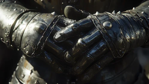 Close view of crossed metal gauntlets on worn armor.