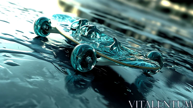 Liquid waveboard dreams skating across a chrome-blue tide.