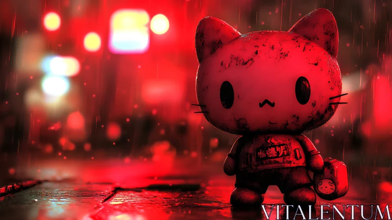 Neon-lit cat figurine in rain-soaked cyberpunk alleyway.