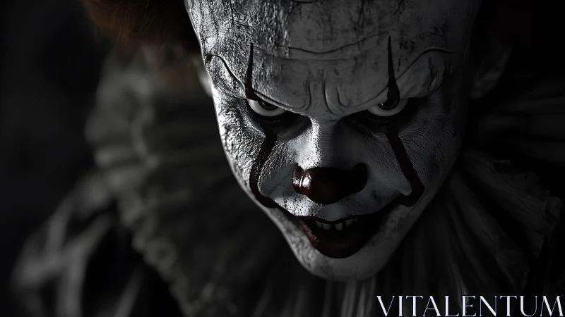 Close frontal view of sinister clown face in low light.