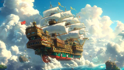 Baroque flying galleon sails through sunlit cloud ocean