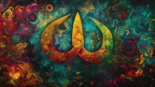 Vibrant cosmic emblem with swirling abstract nebula field.