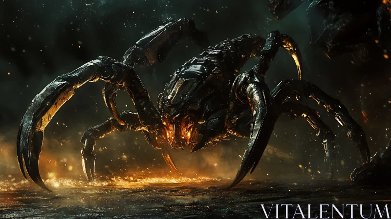 Armored mech-arachnid advances through molten debris field