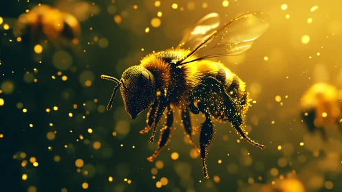 Close-up digital rendering of pollen-covered honey bee in flight.
