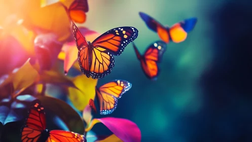 High-saturation monarch butterflies in shallow-depth bokeh field