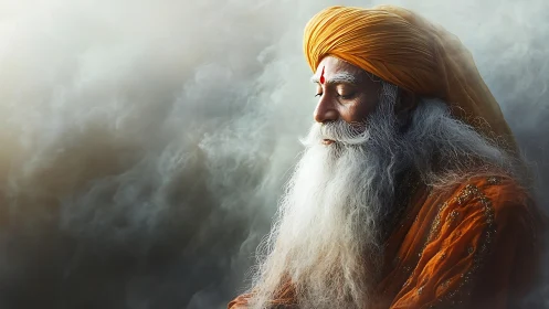 Saffron silence cradles the sage in drifting cloudlight