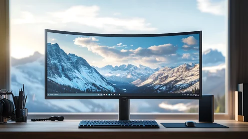 Ultrawide curved monitor displaying alpine landscape in daylight