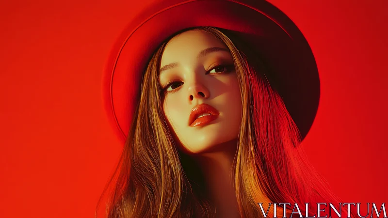 Golden-lit woman in red hat gazes upward with cinematic poise