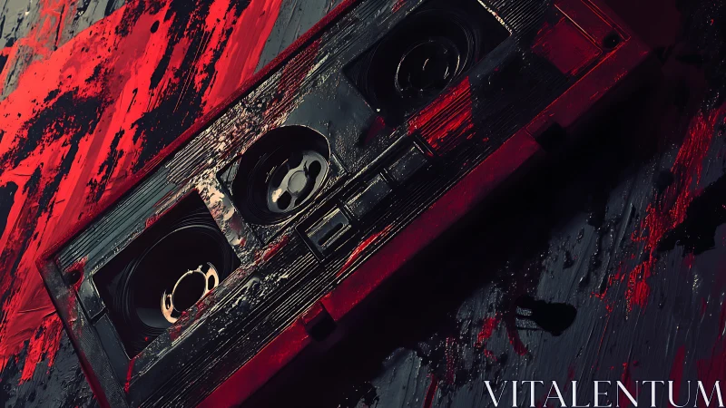 Retro VHS cassette glows against abstract red strokes.
