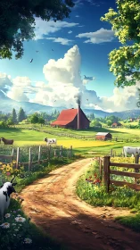 Summer farm lane winding toward a sunlit red-roof barn.