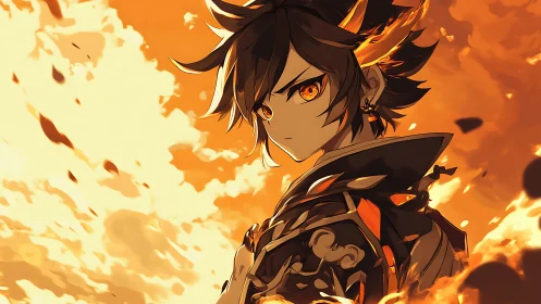 Blazing-eyed anime warrior strides through molten skyfire storm.