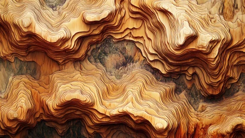 Layered abstract terrain in warm carved wood tones.