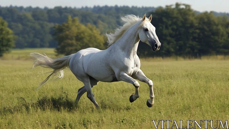 Photorealistic white stallion in dynamic gallop across meadow.