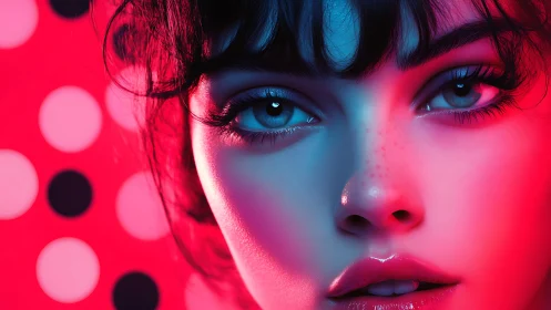 Neon-lit portrait captures intense gaze in close-up view