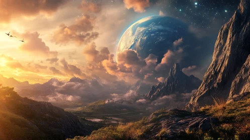 Planetary horizon convergence under volumetric sunset clouds.