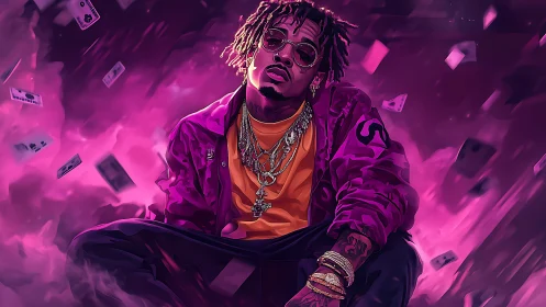 Stylized rapper portrait in neon pink smoke and money haze.