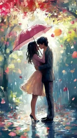 Umbrella Dance Under Rain: Couple's Romantic Moment in Autumn.