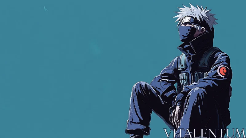 Stoic masked shinobi resting in a teal daydream void.