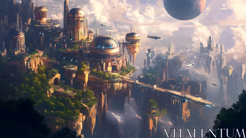 Floating domed city rises among clouds and distant planet.