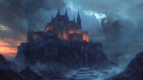 Stormlit cliffside castle glows warmly against moody skies