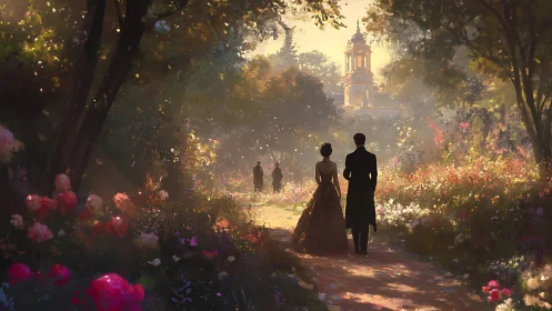 Victorian couple strolling through luminous floral garden path.