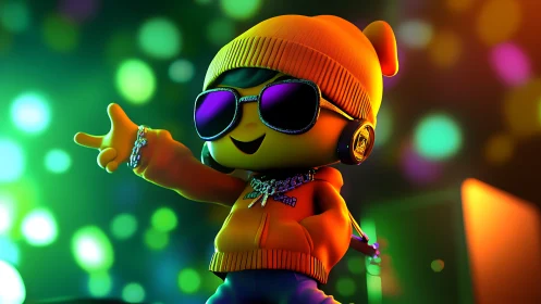 Stylized 3D hip-hop character posing under neon bokeh lights