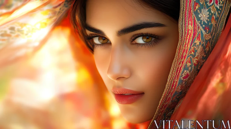 Golden gaze beneath a sunlit, embroidered veil of color.