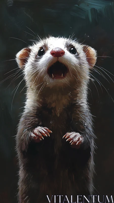 Alert standing ferret against dark textured background.