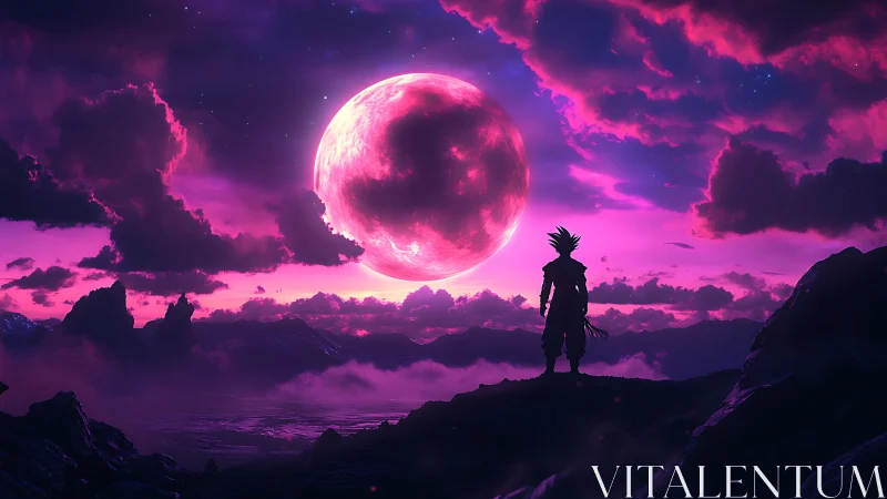 Lone warrior under colossal neon moonlit cosmoscape.