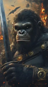 Warrior gorilla holding sword amid burning battlefield.