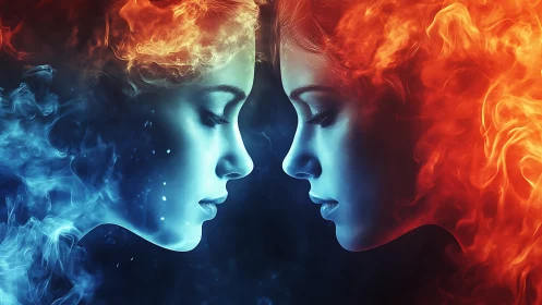 Dual elemental portraits merge cold flame and burning light.