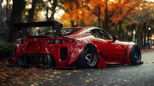 Widebody Lexus coupe with extreme camber parked under autumn trees