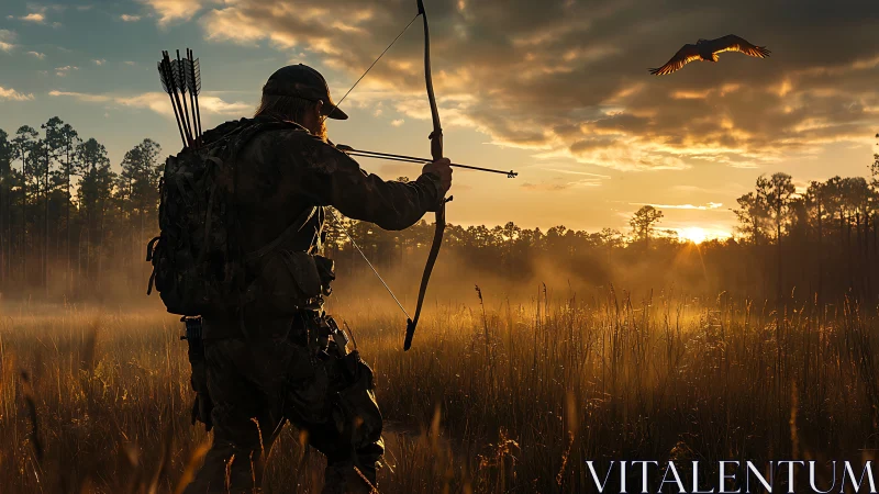 Silhouetted archer in grassland during low sunrise light.