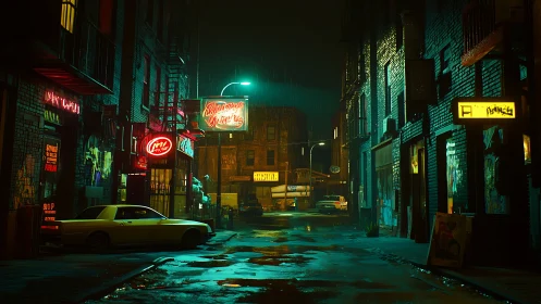 Neon-lit wet alleyway shows parked cars and mixed signage