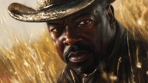 Close portrait of man in hat among dry field grasses.