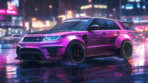 Neon-lit tuned SUV with widebody kit on wet reflective city street