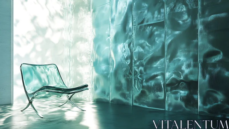 Transparent modern lounge chair in glossy teal room.